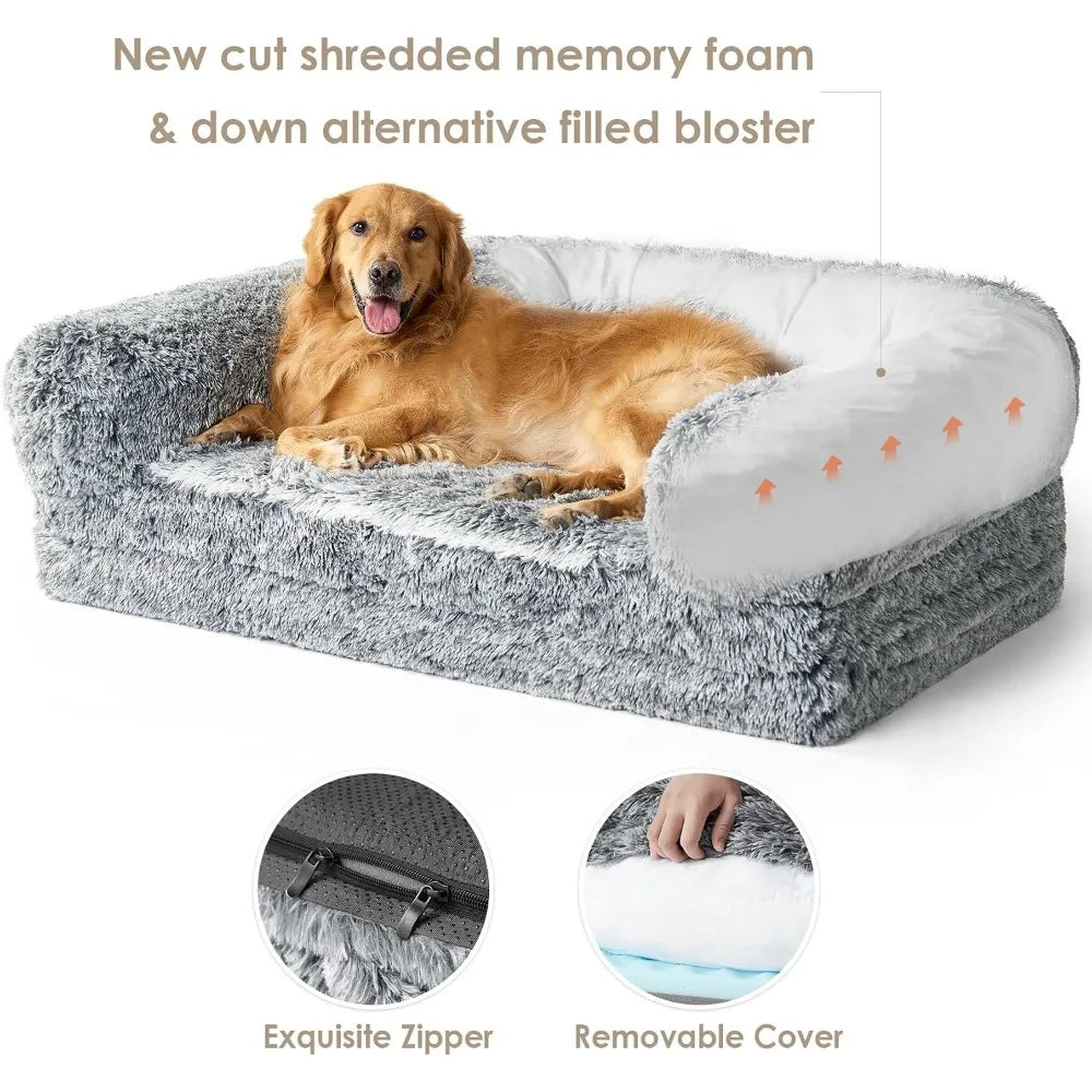 Foldable Human Dog Bed, 72"x44"x11" Orthopedic Memory Foam, Waterproof Pet Bed for People, Faux Fur Couch with Non-Slip Bottom, Grey