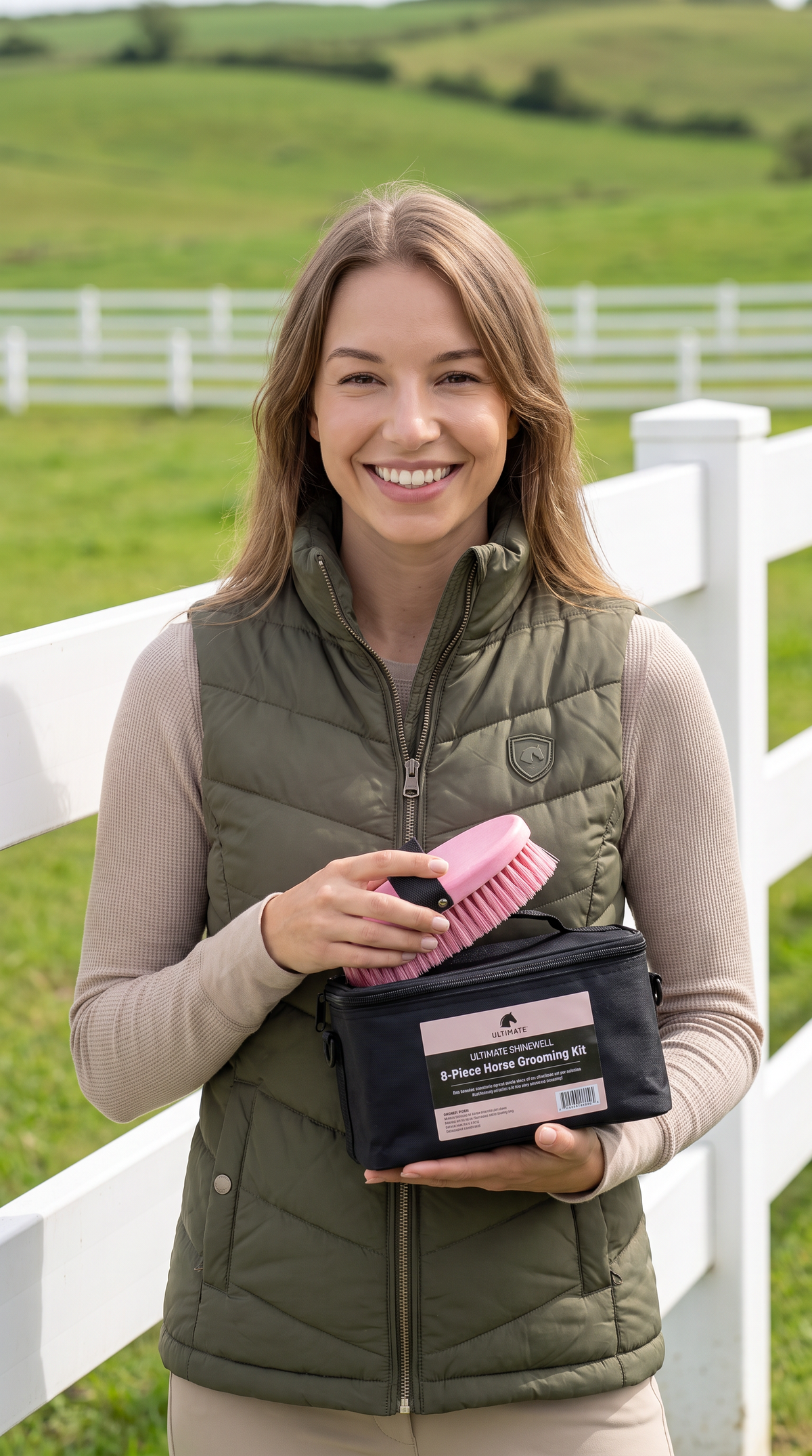 Woman holding 8-piece horse grooming kit with pink brush and black bag by white fence. Complete brush set for effortless equine care.