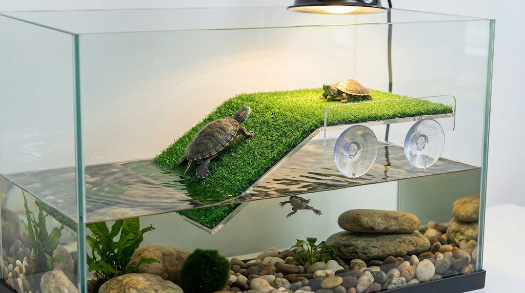 Alfyng Turtle Resting Basking Platform Simulation Grass Turtle Ramp, Lawn Tortoise Climbing Ladder Resting Terrace for Reptile Frog Terrapin Amphibian - Medium