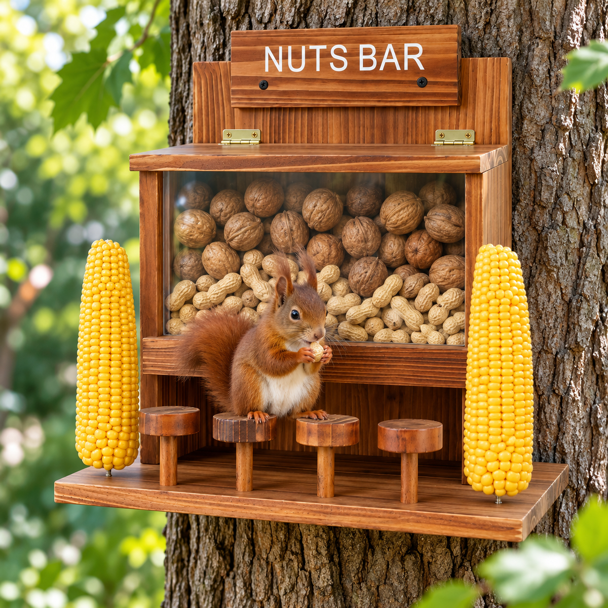 KOOPRO Squirrel Feeder for outside Tree, Squirrel Picnic Table Feeder for Outdoors Corn Cob Peanut Feeder Funny Chipmunk House Nuts Bar Hanging Wooden Box