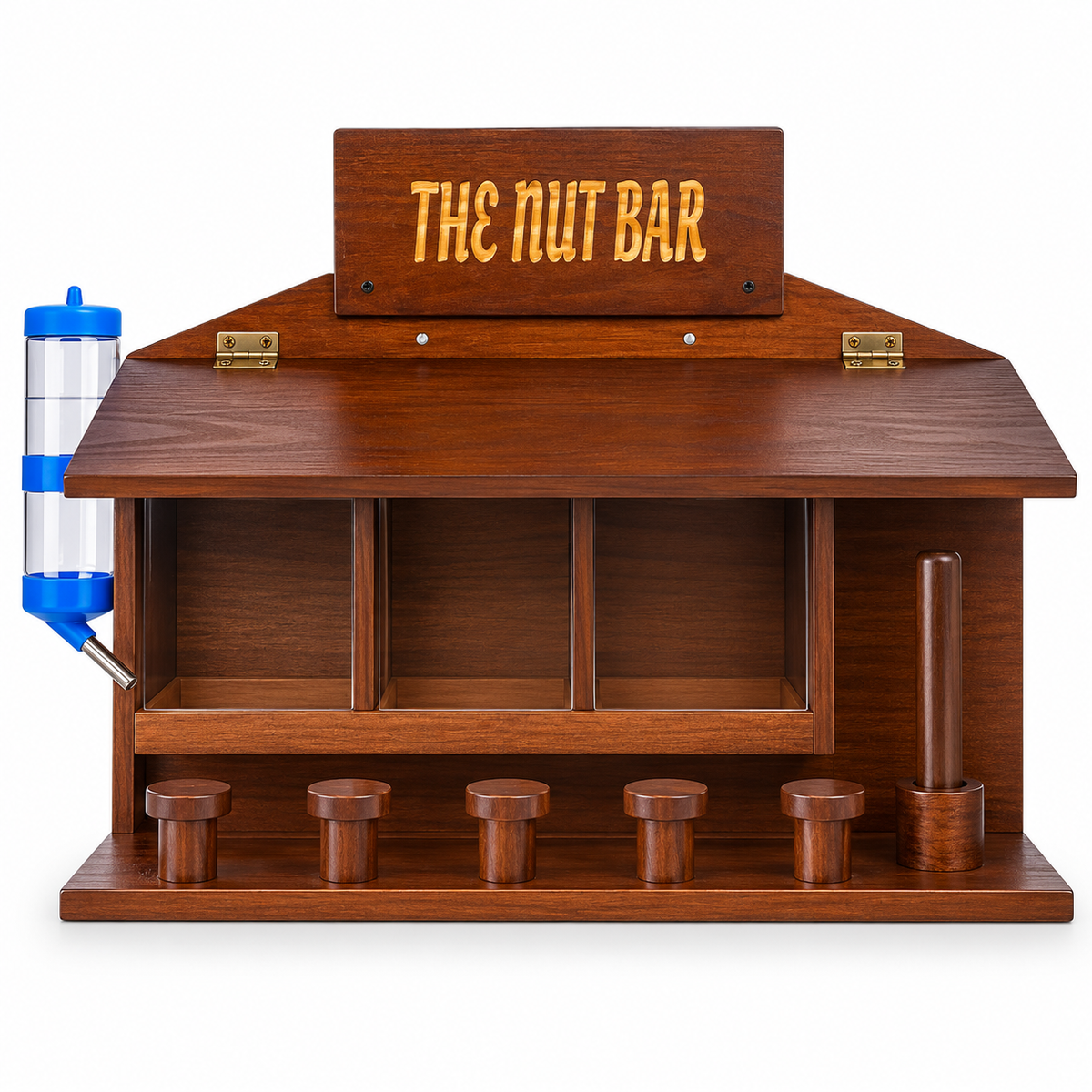 WodGod Large Wooden Squirrel Feeder – Nut Bar with 3 Food Slots, 5 Stools, Corn Cob Holder & Water Bottle