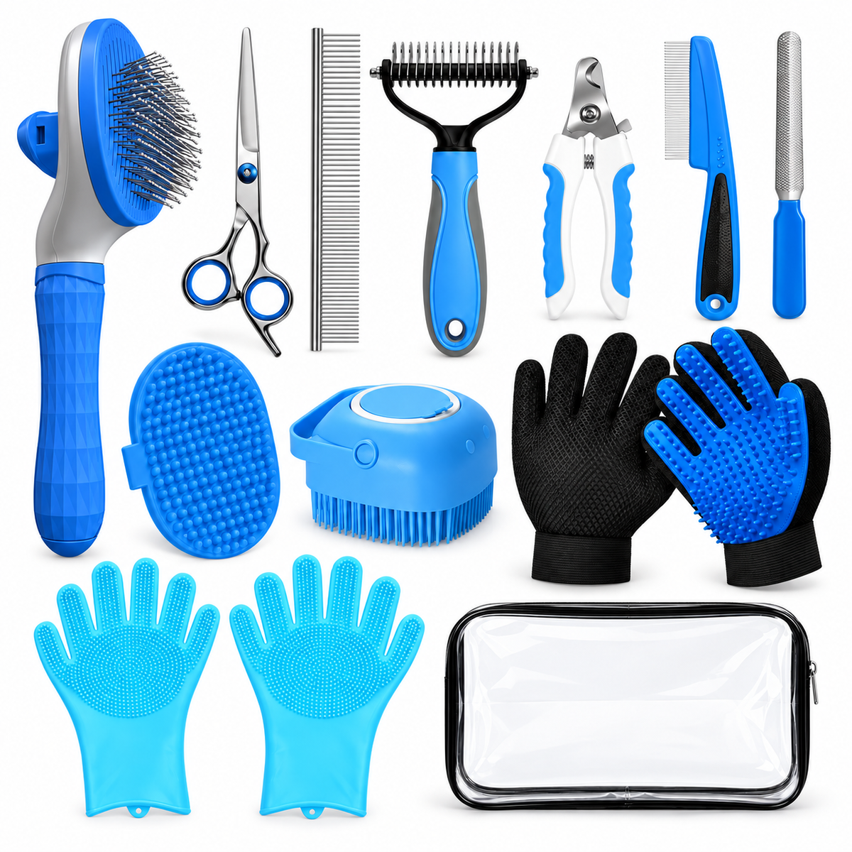 Dog & Cat Grooming Kit – 10 or 13 Pieces with Brushes, Nail Clippers & Bathing Tools – Pink or Blue