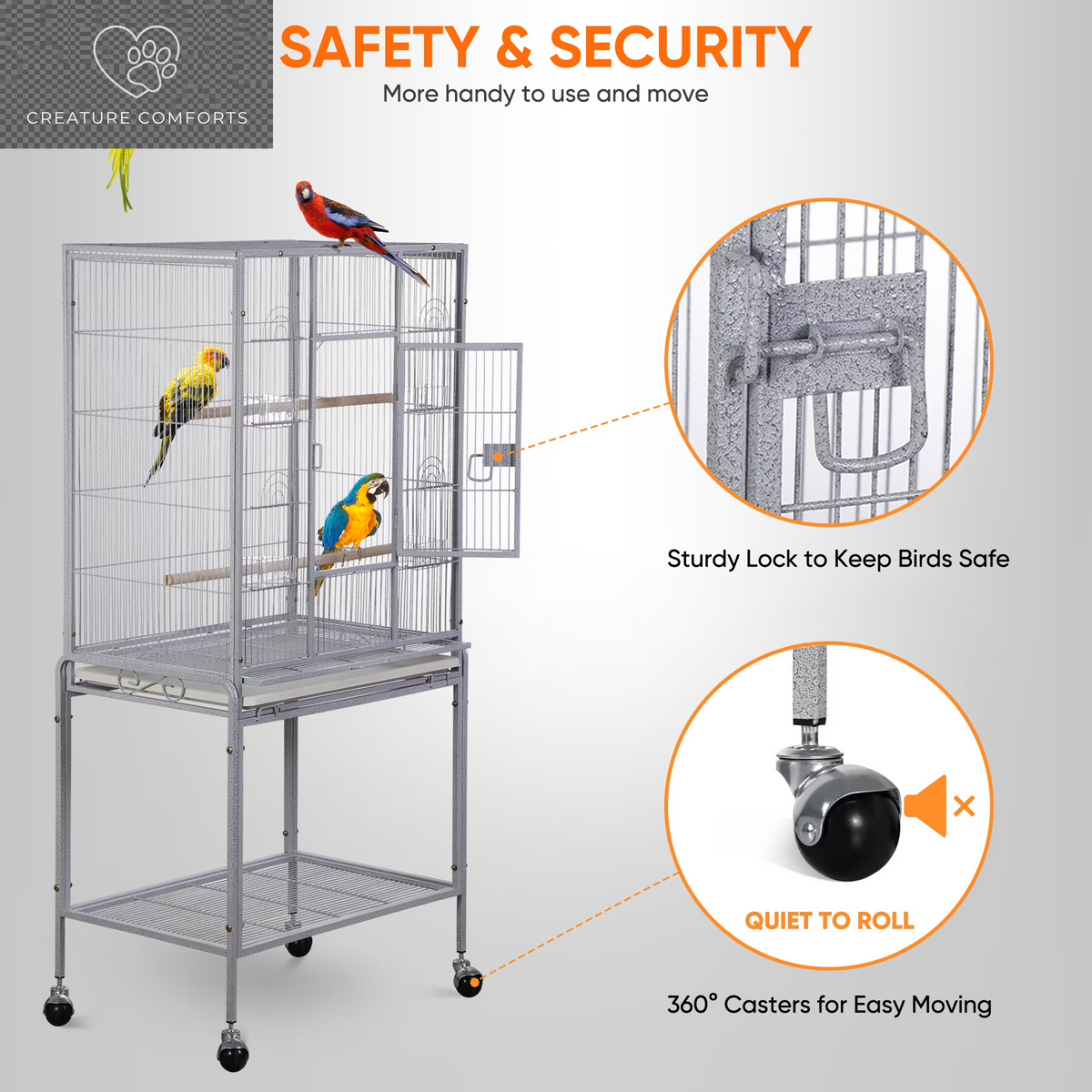 ZENY 53" Rolling Bird Cage Large Wrought Iron Cage Lovebird House with Rolling Stand White