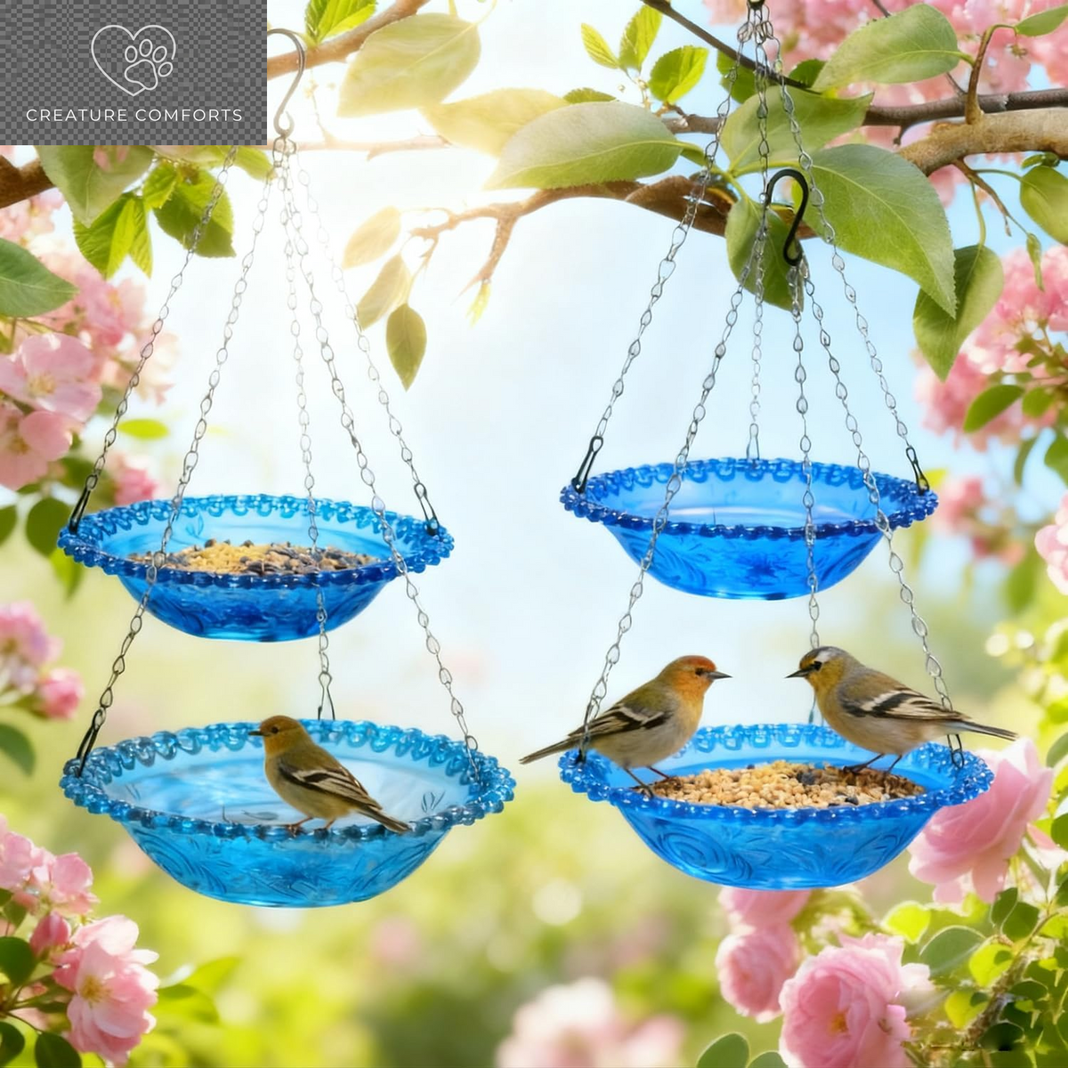 2 Pack Super Value Hanging Plastic Bird Baths and Feeders for Outdoors Bird Water Bowls and Seed Trays Set Attract Wild Birds Garden Yard Decor Gift (Blue)