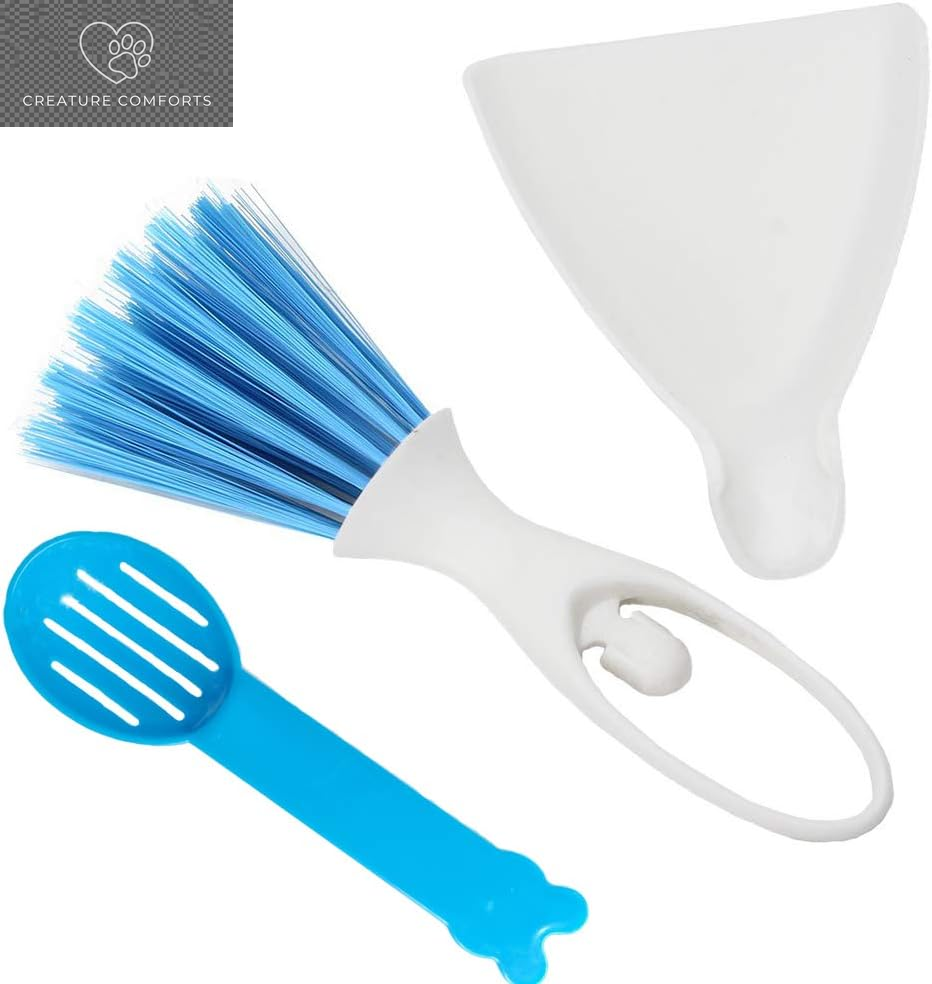 SEIS 3 Pack Hamster Dustpan and Broom Set Mini Guinea Pig White Dancer Design Besom Chinchillas Sweeper Cavy Cage Clean Hedgehogs Scooper for Small Animal (Blue)