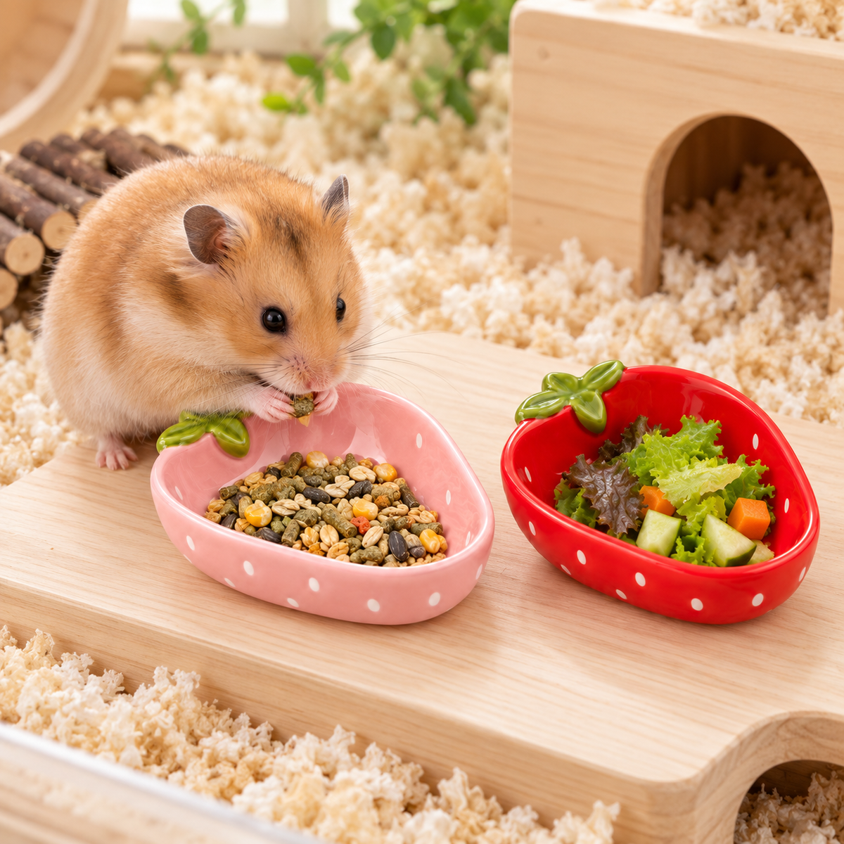 2 Packs Strawberry Ceramic Hamtser Food Bowls Wet&Dry Use(Pink+Red)