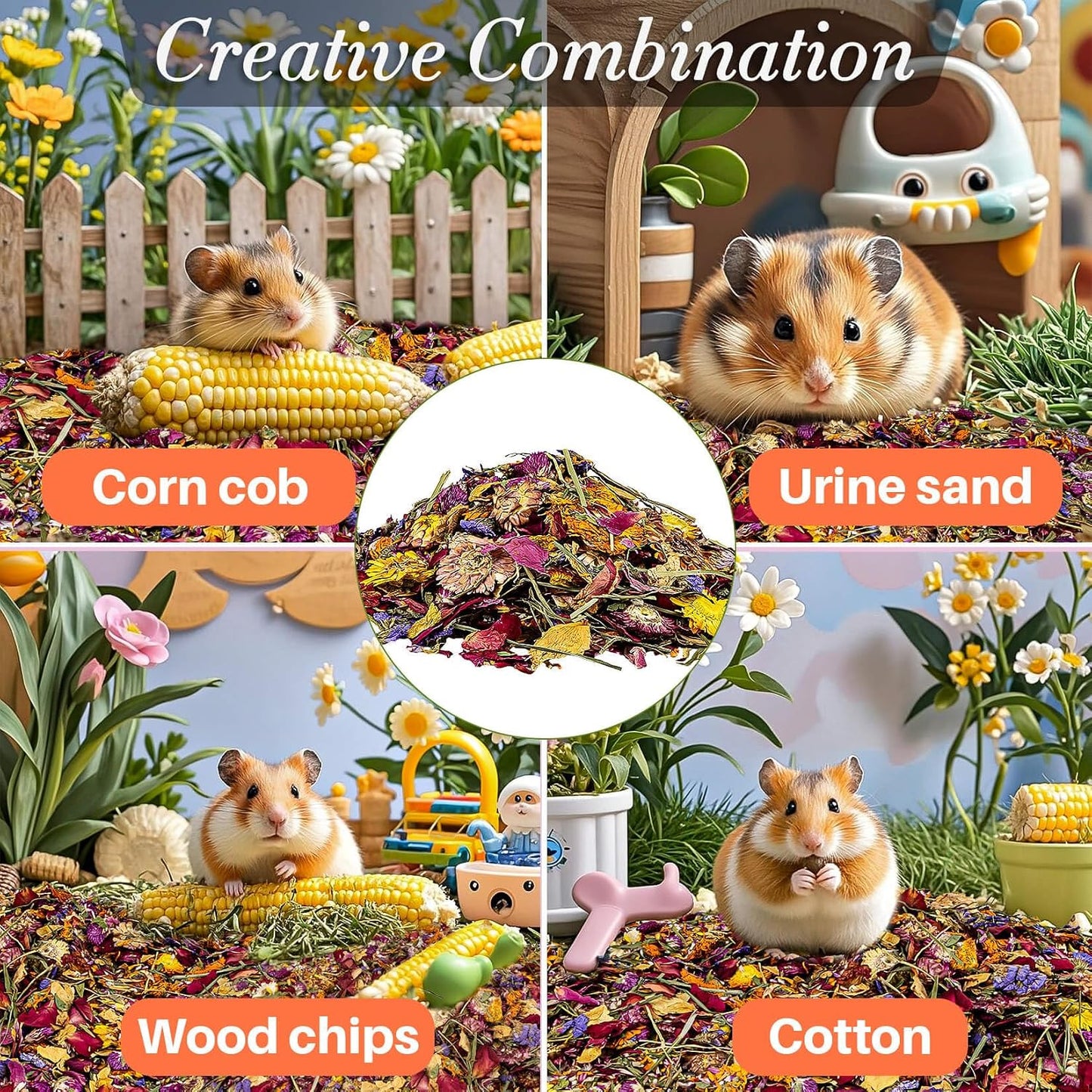 RAINFLOW Hamster Bedding - 150G Hamster Flowers & Herbs | Natural Habitat Decor and Forage for Dwarf Hamsters, Chinchillas, Guinea Pigs, Rabbits, Gerbils, Mice, Lemmings