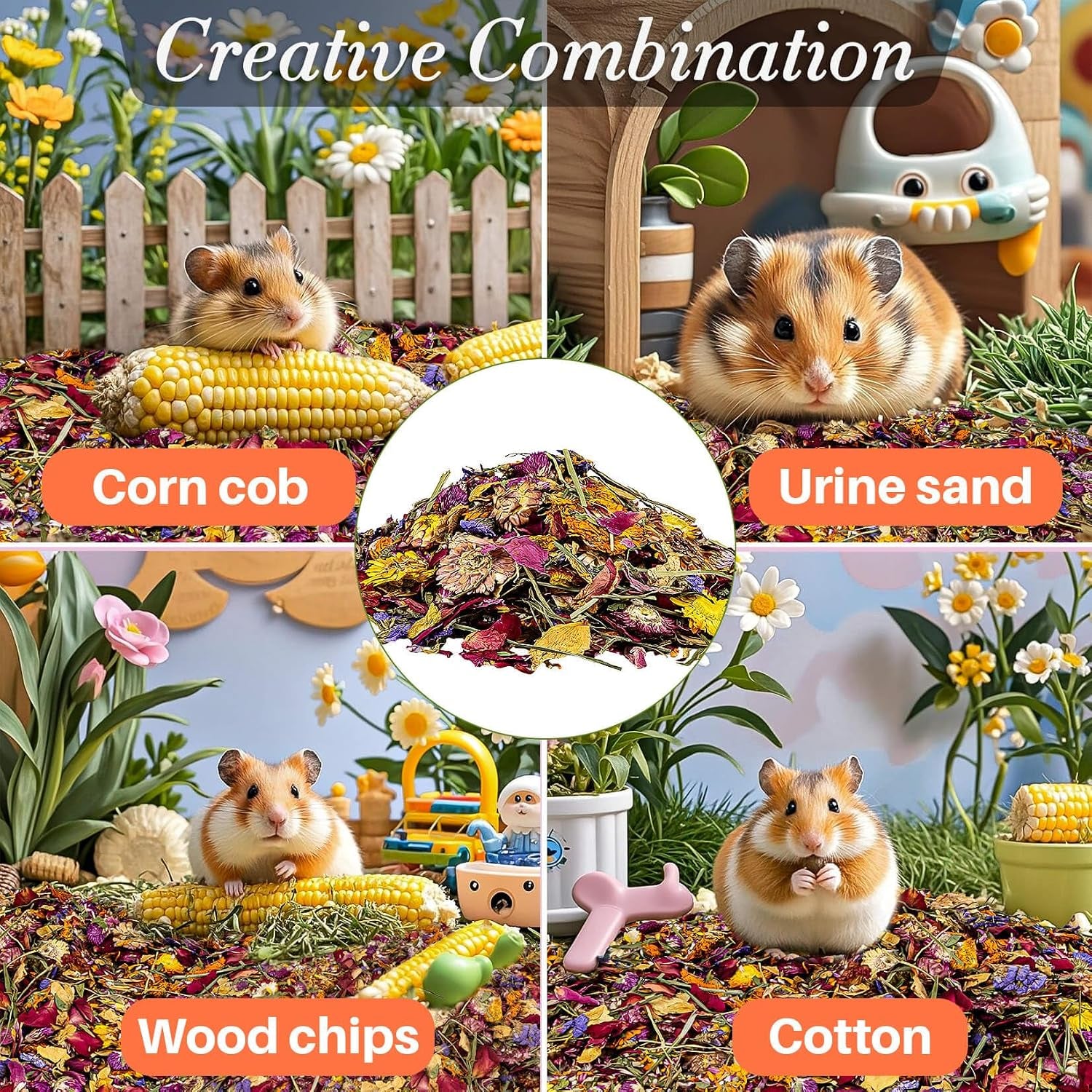 RAINFLOW Hamster Bedding - 150G Hamster Flowers & Herbs | Natural Habitat Decor and Forage for Dwarf Hamsters, Chinchillas, Guinea Pigs, Rabbits, Gerbils, Mice, Lemmings