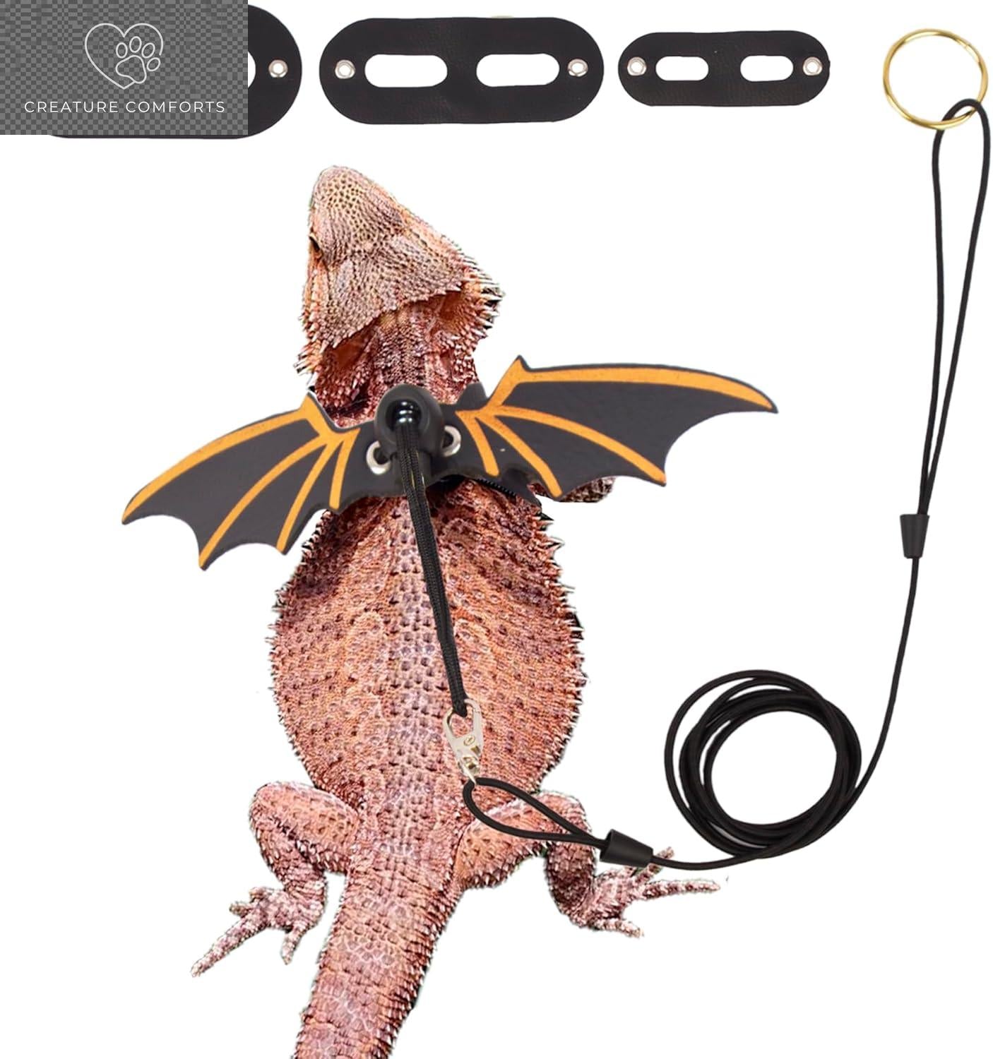Black Bearded Dragon Bat Wing Harness & Leash Set - 3-Size Multi-Size Pack, Cool Look Soft Leather, Removable Leash for Reptile Lizard Outdoor Walks