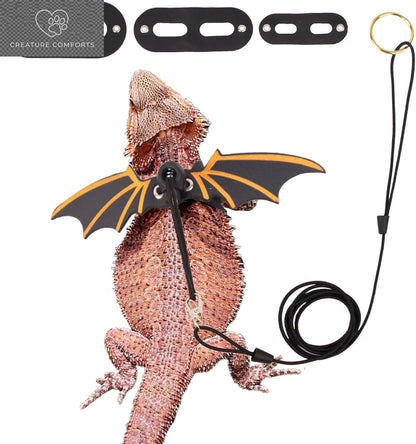 Black Bearded Dragon Bat Wing Harness & Leash Set - 3-Size Multi-Size Pack, Cool Look Soft Leather, Removable Leash for Reptile Lizard Outdoor Walks