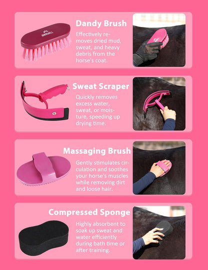 Pink horse grooming kit featuring a dandy brush, sweat scraper, massaging brush, and compressed sponge for effective equine care.