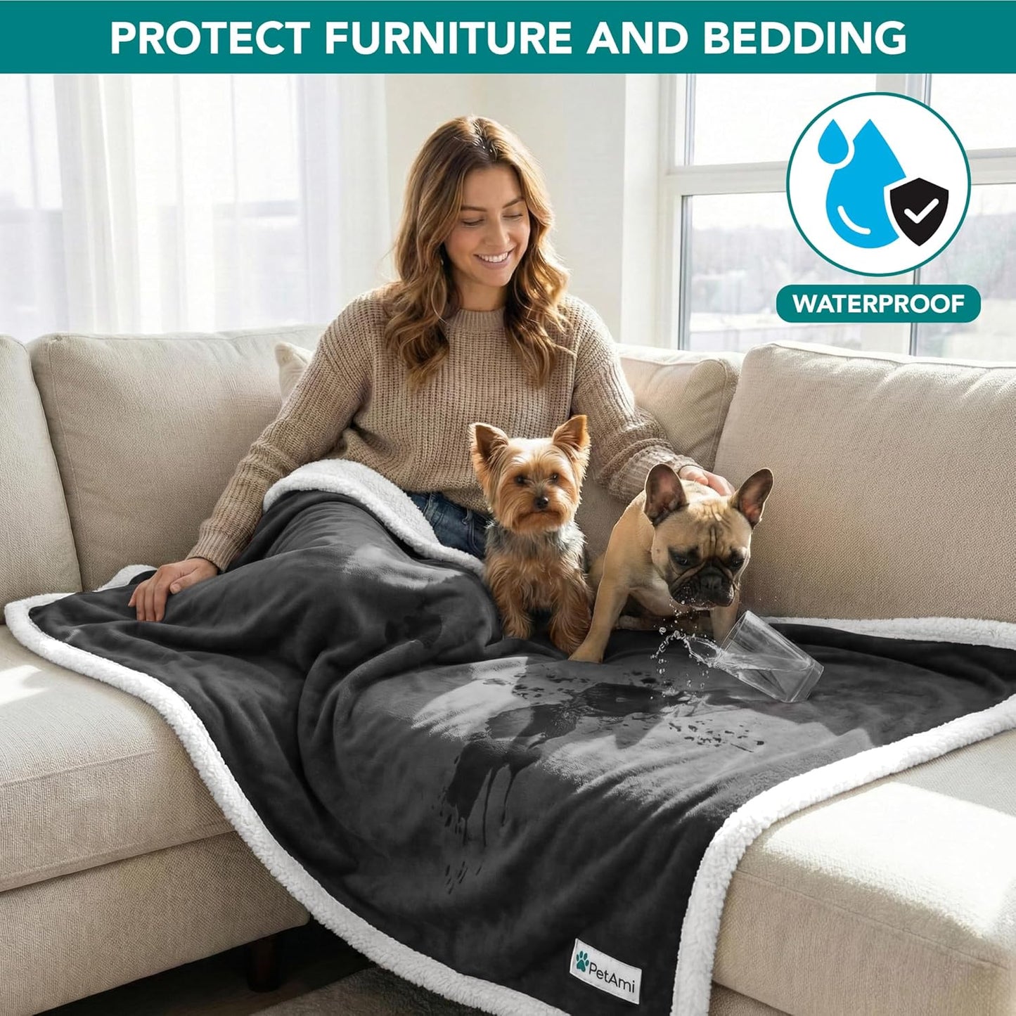 Petami Waterproof Dog Blanket for Small Dog Puppy Cat, 29X40, Charcoal | 460 GSM Sherpa Fleece Reversible, Pee Proof Pet Blanket, Furniture Protector Cover for Couch Sofa Kennel, Washable