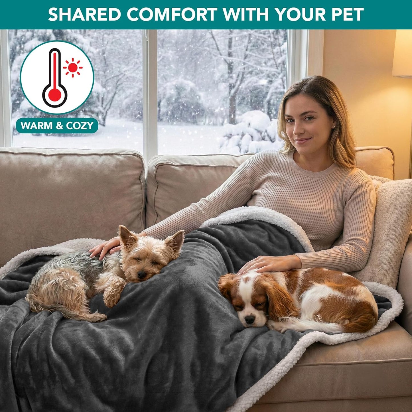 Petami Waterproof Dog Blanket for Small Dog Puppy Cat, 29X40, Charcoal | 460 GSM Sherpa Fleece Reversible, Pee Proof Pet Blanket, Furniture Protector Cover for Couch Sofa Kennel, Washable