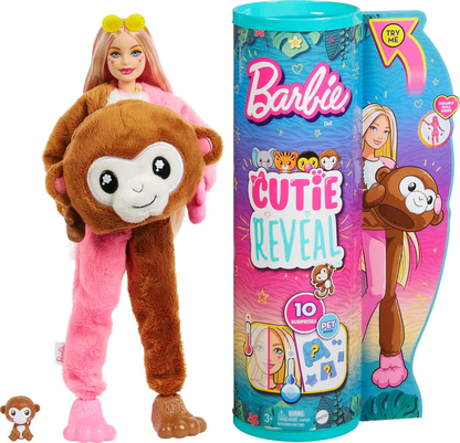 Barbie Cutie Reveal Fashion Doll, Jungle Series Elephant Plush Costume, 10 Surprises Including Mini Pet & Color Change