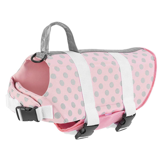 Dog Life Jacket - Stylish and Safe Neoprene Vest for Your Canine Companion - Perfect for Swimming and Boating - Pink Gray Polka Dots XXS