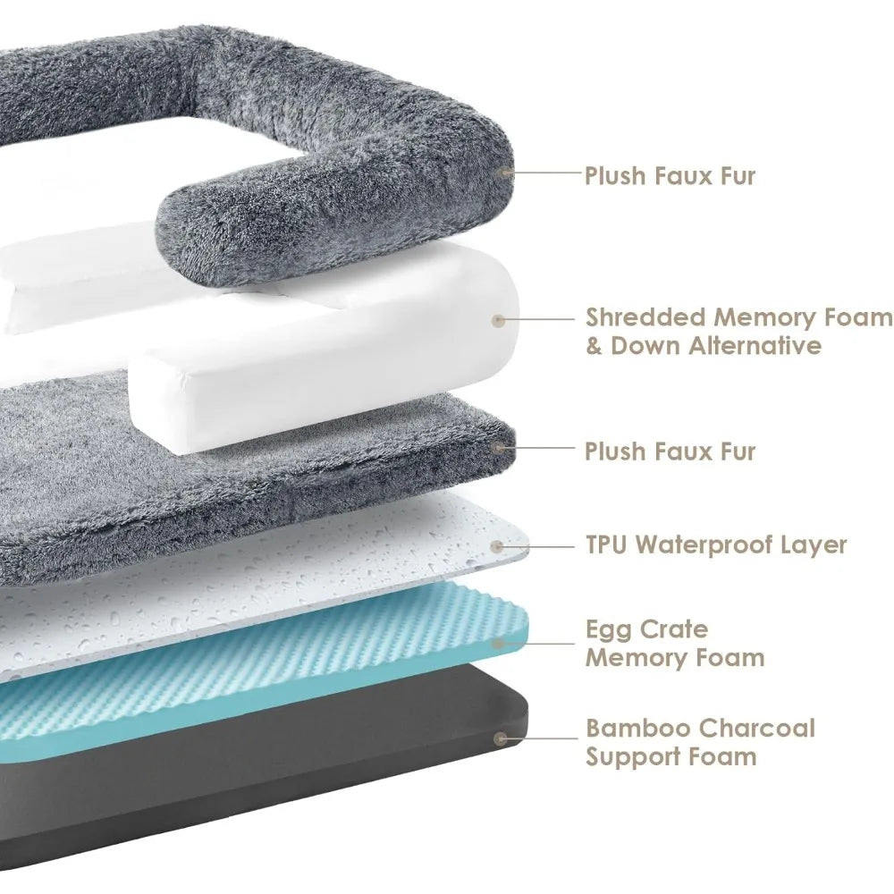 Foldable Human Dog Bed, 72"x44"x11" Orthopedic Memory Foam, Waterproof Pet Bed for People, Faux Fur Couch with Non-Slip Bottom, Grey