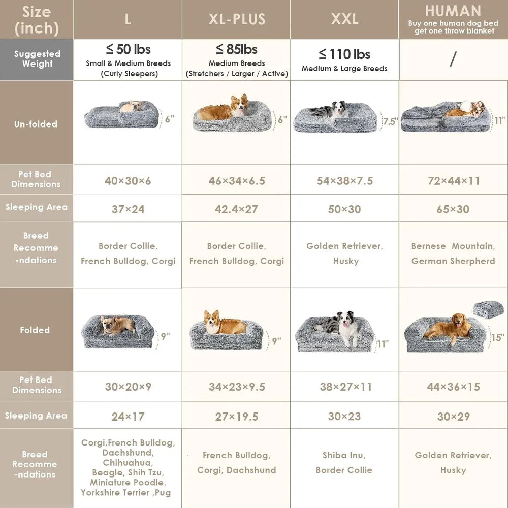 Foldable Human Dog Bed, 72"x44"x11" Orthopedic Memory Foam, Waterproof Pet Bed for People, Faux Fur Couch with Non-Slip Bottom, Grey