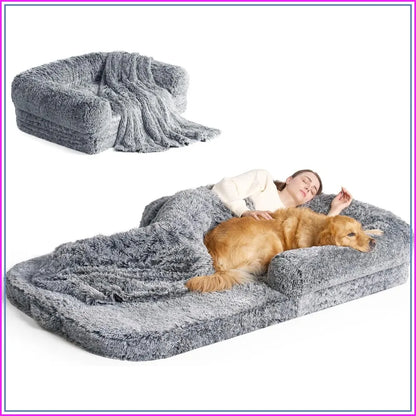 Foldable Human Dog Bed, 72"x44"x11" Orthopedic Memory Foam, Waterproof Pet Bed for People, Faux Fur Couch with Non-Slip Bottom, Grey