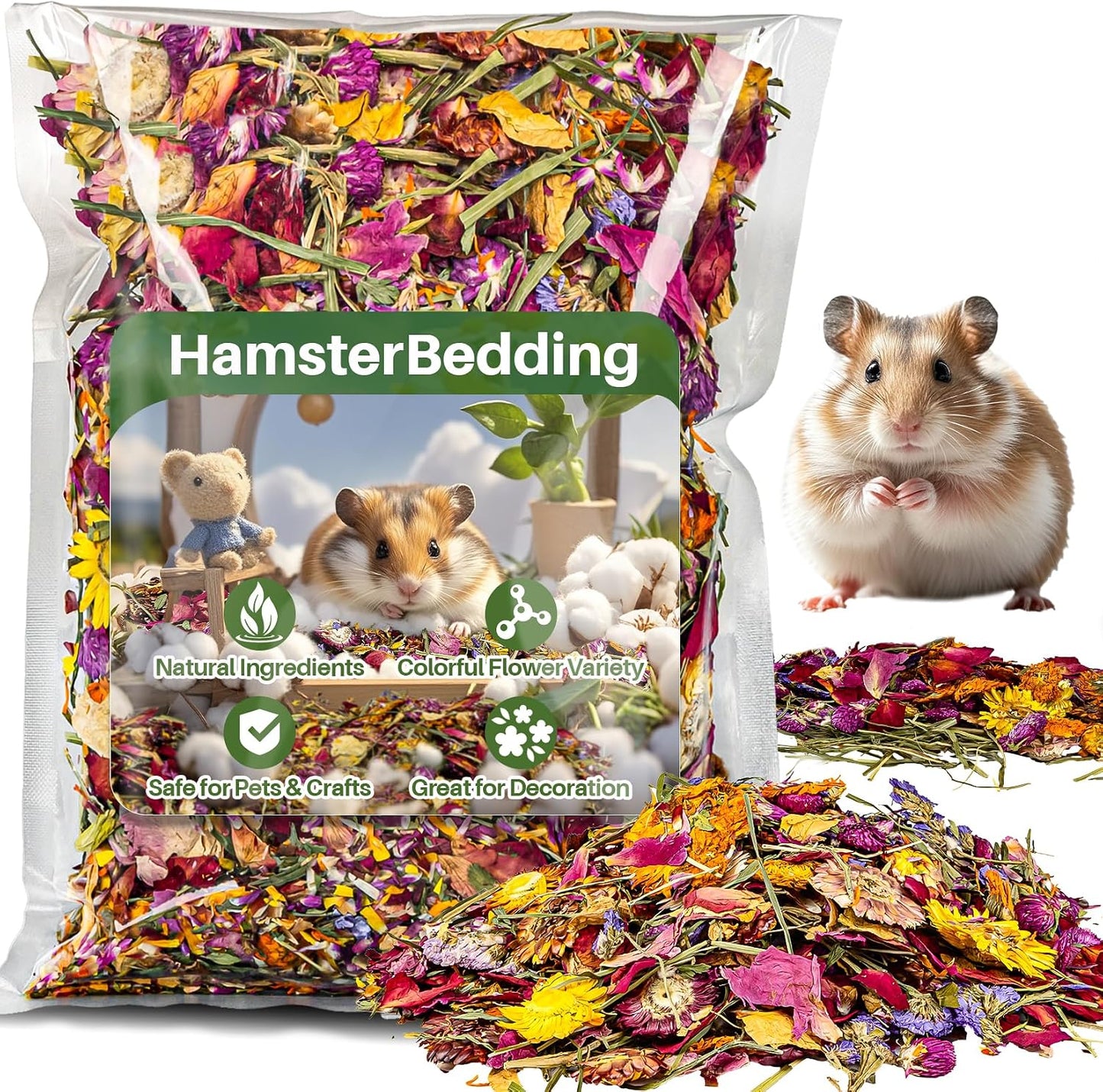 RAINFLOW Hamster Bedding - 150G Hamster Flowers & Herbs | Natural Habitat Decor and Forage for Dwarf Hamsters, Chinchillas, Guinea Pigs, Rabbits, Gerbils, Mice, Lemmings