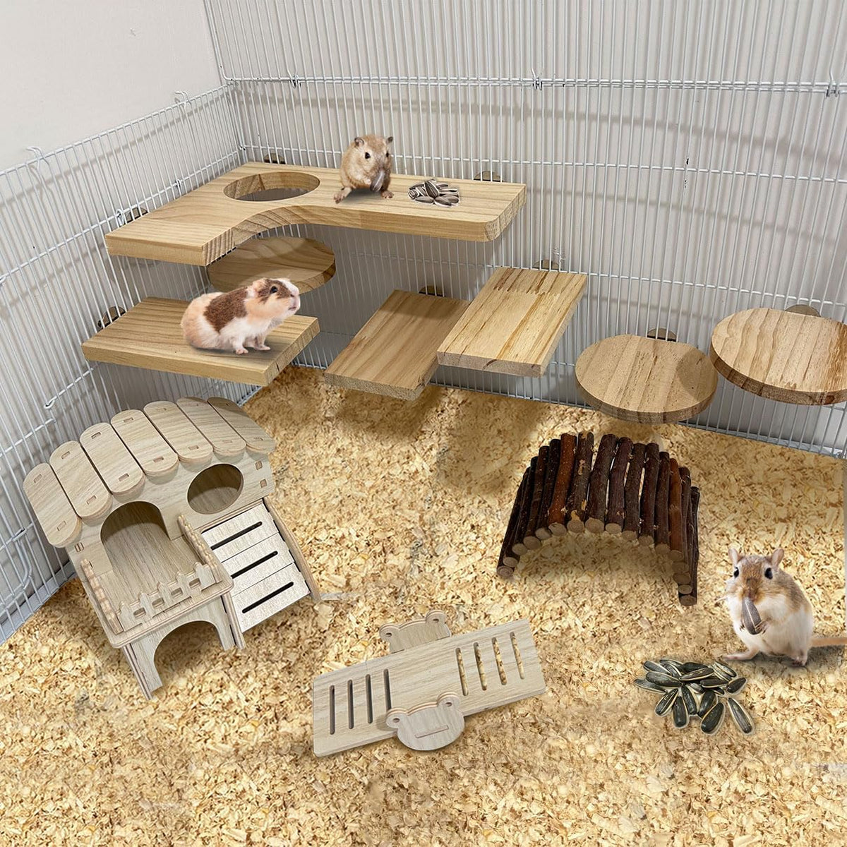 7-Piece Wooden Climbing Platform Set for Small Animals - Ideal for Hamsters, Squirrels, and More!