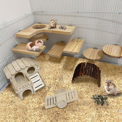 7-Piece Wooden Climbing Platform Set for Small Animals - Ideal for Hamsters, Squirrels, and More!