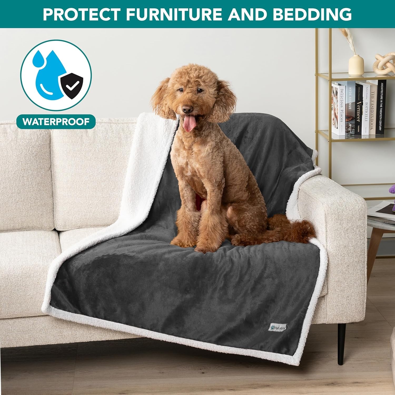 Petami Waterproof Dog Blanket for Small Dog Puppy Cat, 29X40, Charcoal | 460 GSM Sherpa Fleece Reversible, Pee Proof Pet Blanket, Furniture Protector Cover for Couch Sofa Kennel, Washable