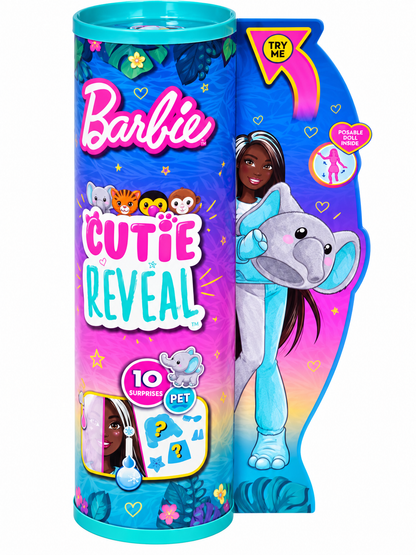 Barbie Cutie Reveal Fashion Doll, Jungle Series Elephant Plush Costume, 10 Surprises Including Mini Pet & Color Change