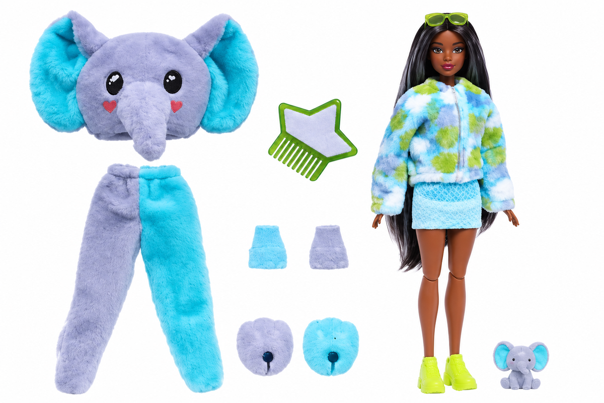 Barbie Cutie Reveal Fashion Doll, Jungle Series Elephant Plush Costume, 10 Surprises Including Mini Pet & Color Change