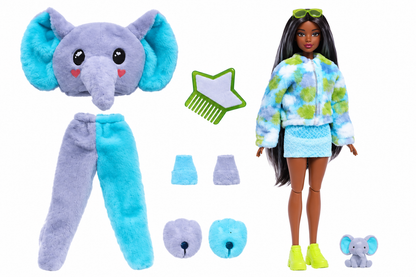 Barbie Cutie Reveal Fashion Doll, Jungle Series Elephant Plush Costume, 10 Surprises Including Mini Pet & Color Change