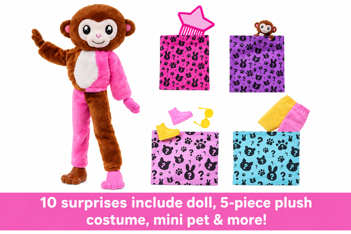 Barbie Cutie Reveal Fashion Doll, Jungle Series Elephant Plush Costume, 10 Surprises Including Mini Pet & Color Change