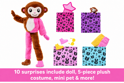 Barbie Cutie Reveal Fashion Doll, Jungle Series Elephant Plush Costume, 10 Surprises Including Mini Pet & Color Change