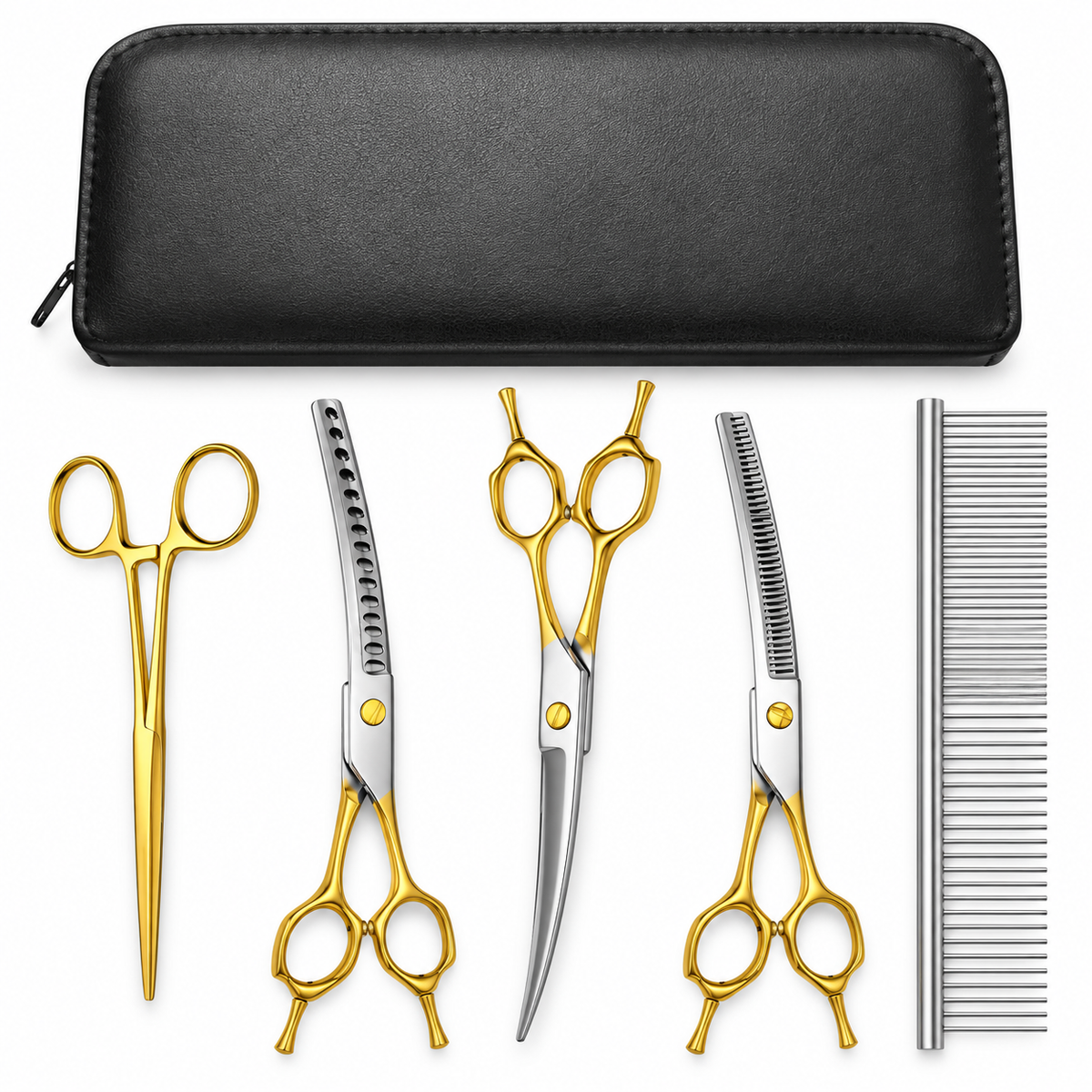 Gold 5 Piece Dog Grooming Scissors Set With Curved Shears And Rounded Tips