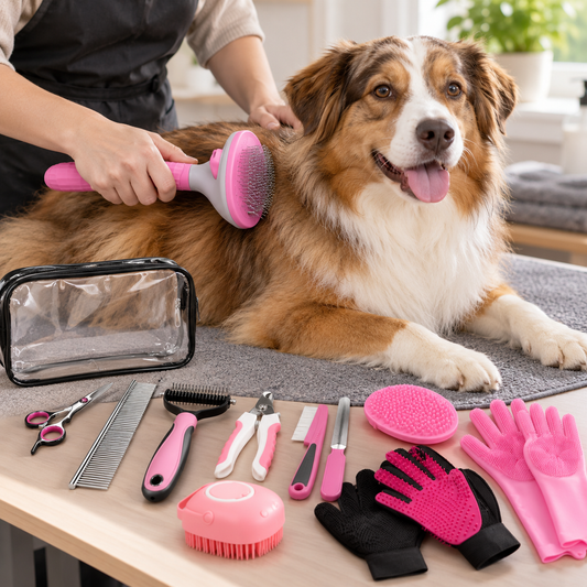 Dog & Cat Grooming Kit – 10 or 13 Pieces with Brushes, Nail Clippers & Bathing Tools – Pink or Blue