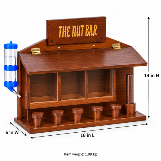 WodGod Large Wooden Squirrel Feeder – Nut Bar with 3 Food Slots, 5 Stools, Corn Cob Holder & Water Bottle