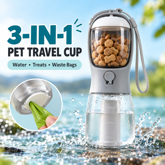 Stay Hydrated on the Go! 🐶✨ Check out our 3-in-1 Pet Cup: Drink, Snack & Clean-Up in One Portable Package! Perfect for All Pet Lovers! 🐕💧🍖