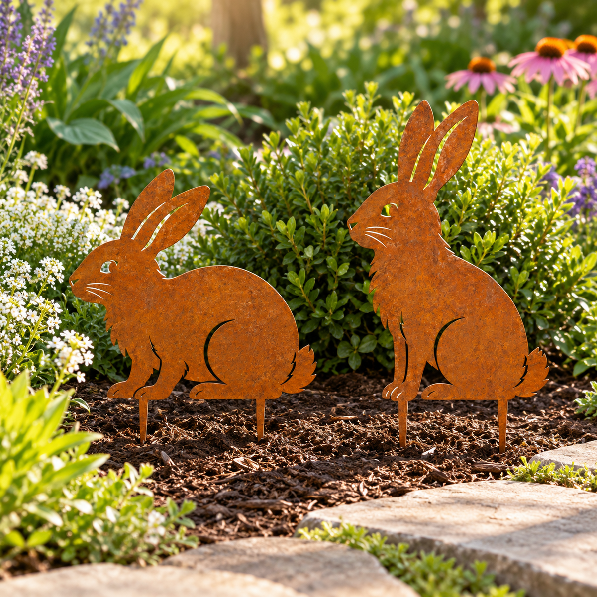 Metal Garden Stakes – Rabbit, Bird & Bamboo Silhouette Outdoor Yard Art