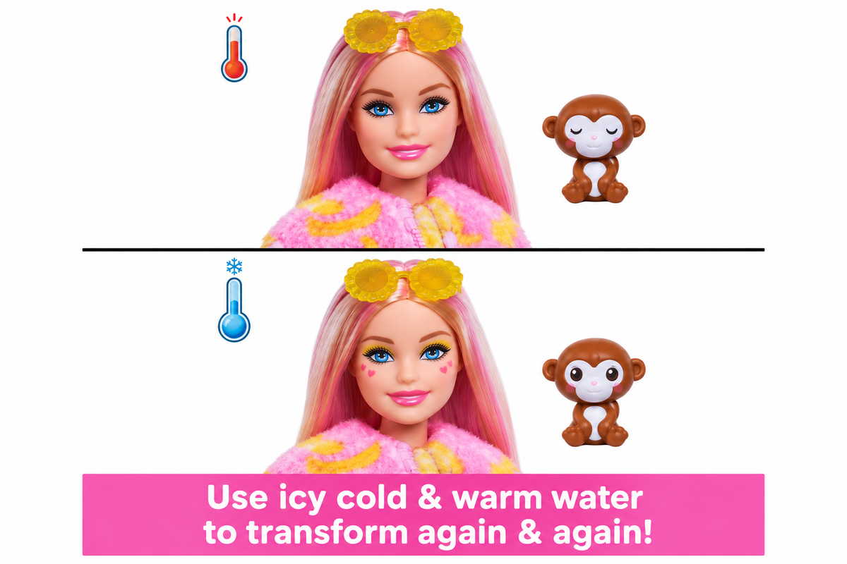 Barbie Cutie Reveal Fashion Doll, Jungle Series Elephant Plush Costume, 10 Surprises Including Mini Pet & Color Change