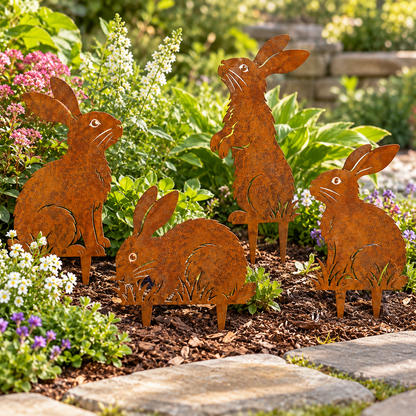 Metal Garden Stakes – Rabbit, Bird & Bamboo Silhouette Outdoor Yard Art