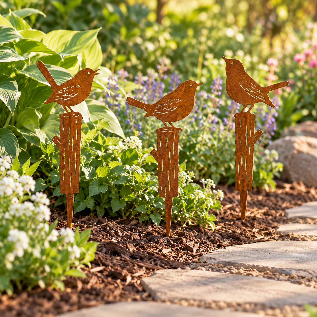 Metal Garden Stakes – Rabbit, Bird & Bamboo Silhouette Outdoor Yard Art