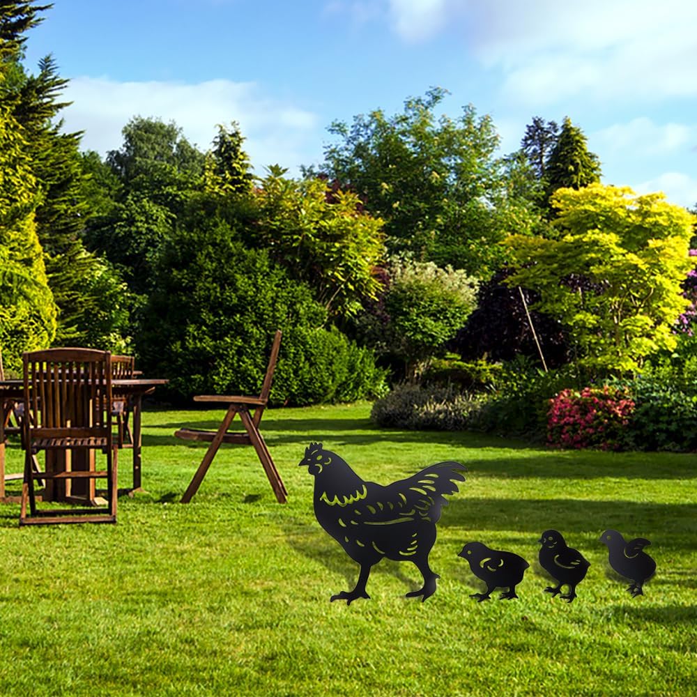 4Pcs Cute Metal Chicken Statue Hollow-Cut Yard Art Garden Decor