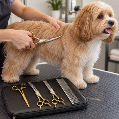 Gold 5 Piece Dog Grooming Scissors Set With Curved Shears And Rounded Tips