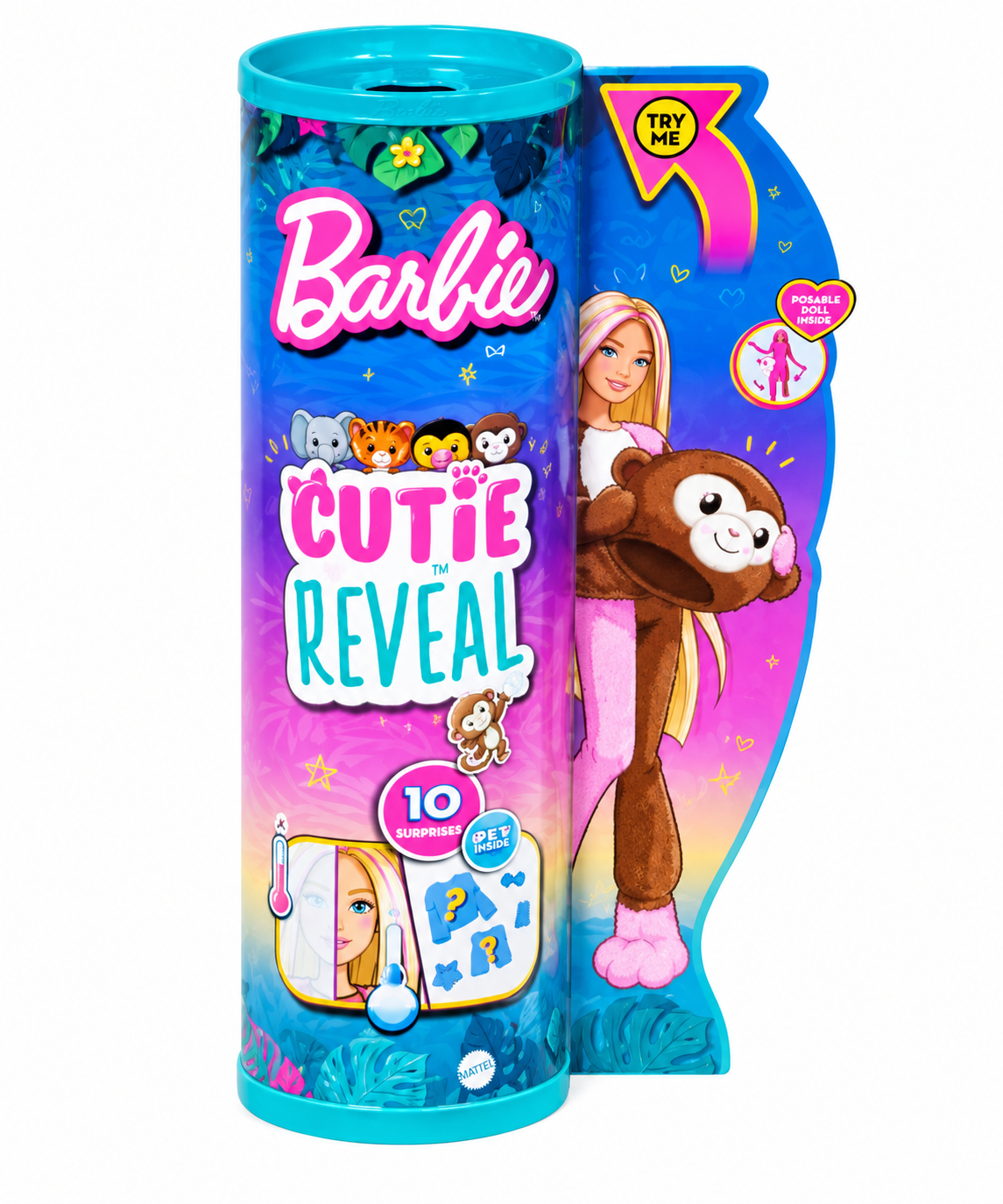 Barbie Cutie Reveal Fashion Doll, Jungle Series Elephant Plush Costume, 10 Surprises Including Mini Pet & Color Change