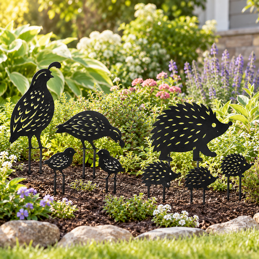 Black Metal Bird & Hedgehog Garden Stakes – 4-Piece Outdoor Yard Decorations