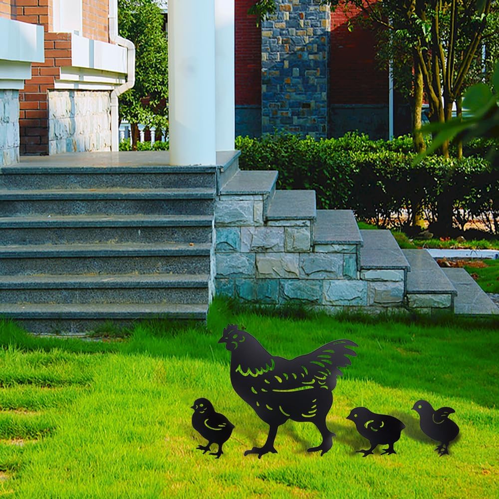 4Pcs Cute Metal Chicken Statue Hollow-Cut Yard Art Garden Decor