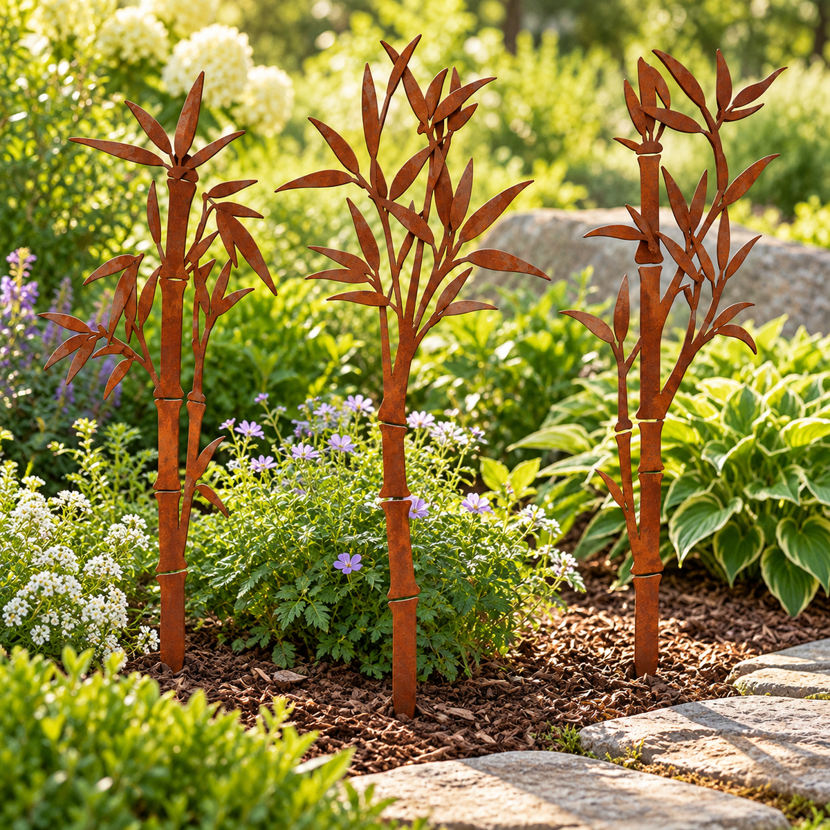 Metal Garden Stakes – Rabbit, Bird & Bamboo Silhouette Outdoor Yard Art