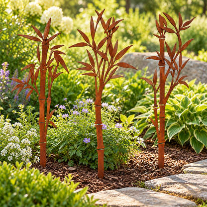 Metal Garden Stakes – Rabbit, Bird & Bamboo Silhouette Outdoor Yard Art