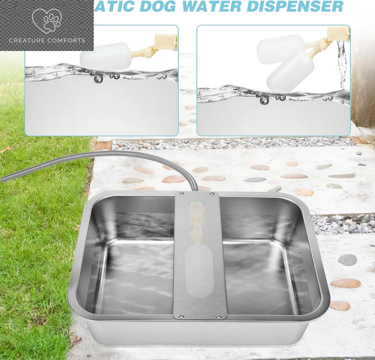 3 Gallon Dog Water Bowl Dispenser, Auto Fill Stainless Steel Bowl | Auto-Refill Float Valve, Stainless Steel Bowl, Fits 3/4 in GHT Faucet, Outdoor Use, Easy to Clean, Dogs, Cats and Chickens