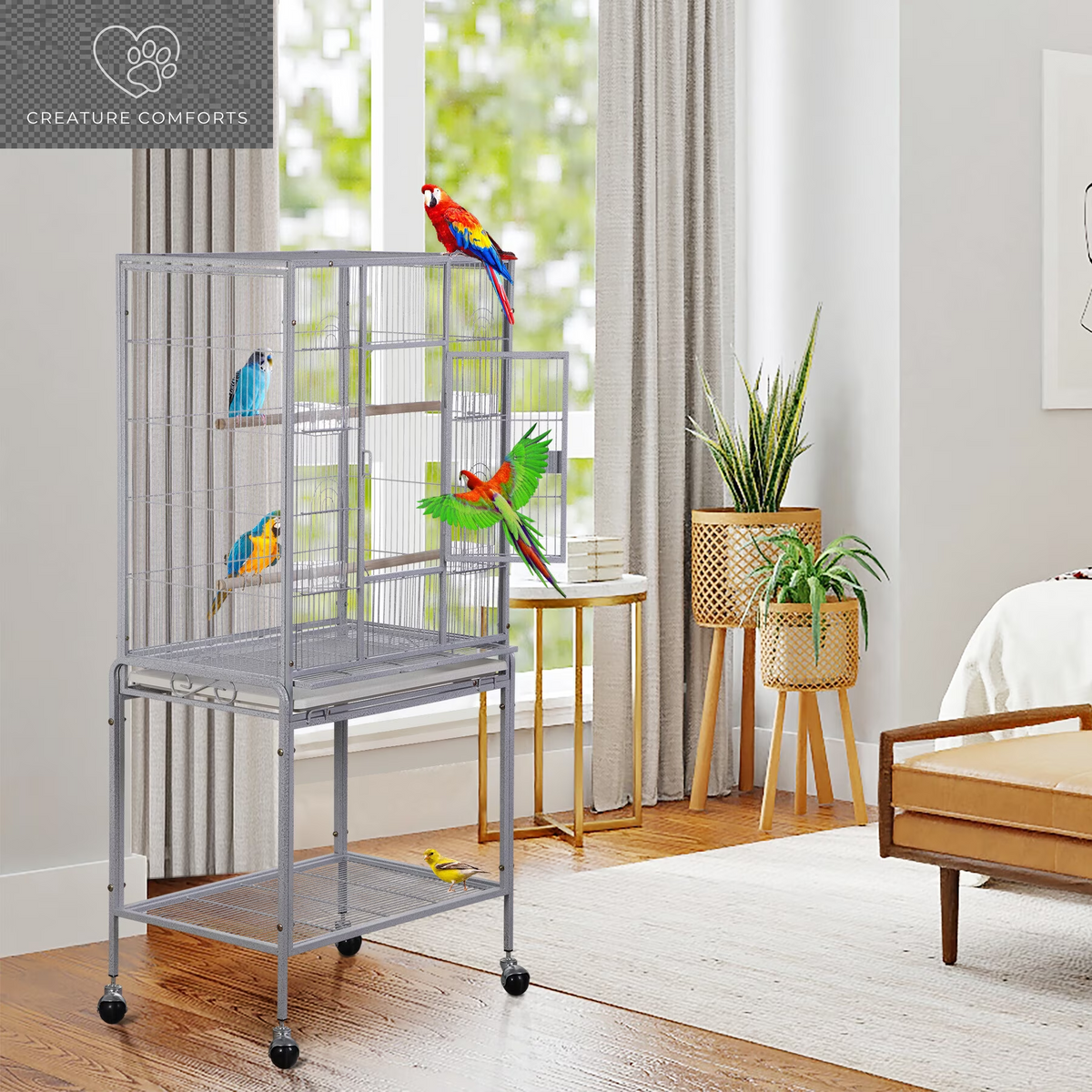 ZENY 53" Rolling Bird Cage Large Wrought Iron Cage Lovebird House with Rolling Stand White