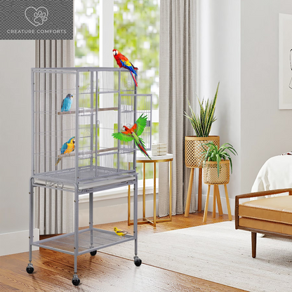 ZENY 53" Rolling Bird Cage Large Wrought Iron Cage Lovebird House with Rolling Stand White