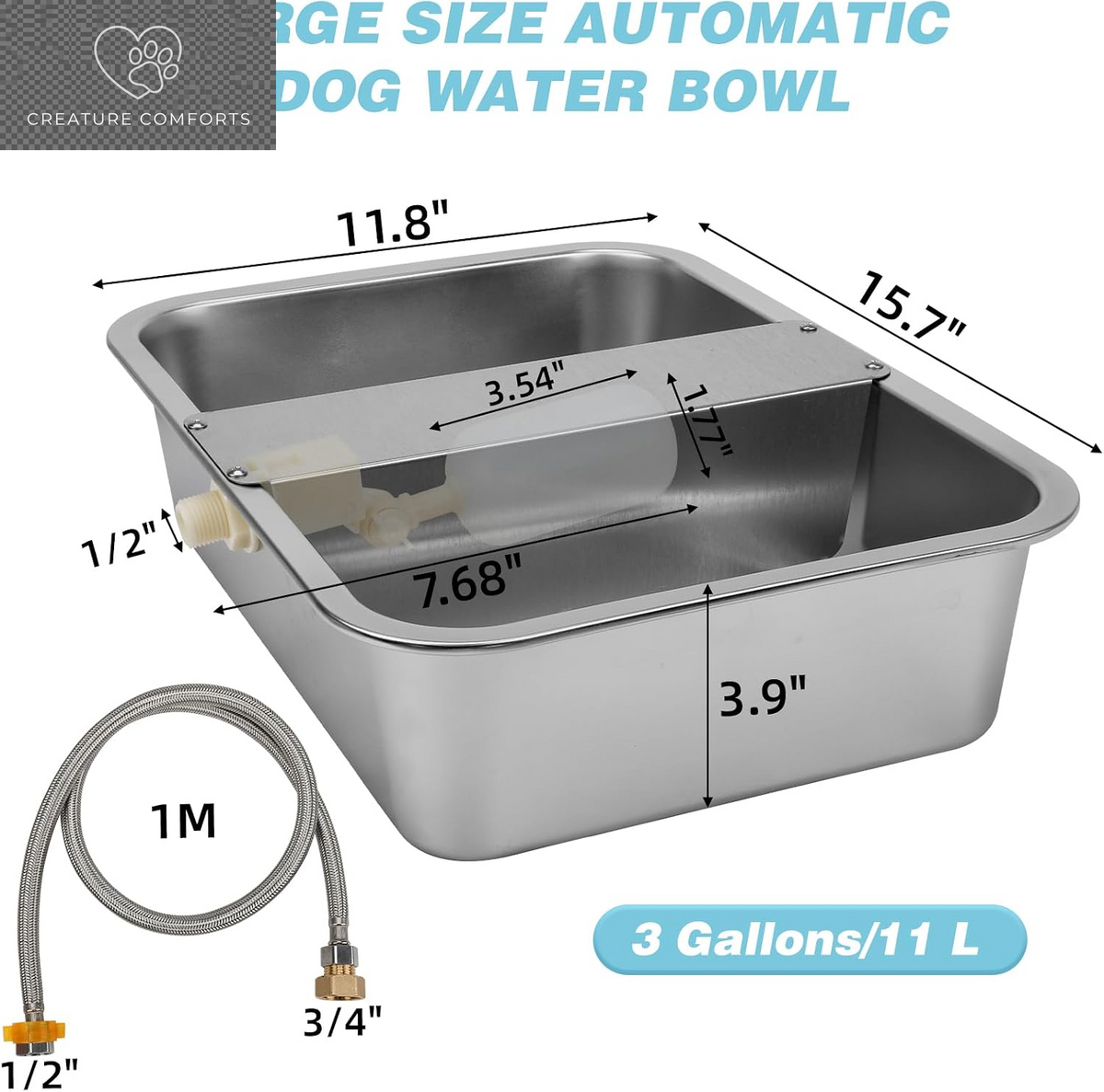 3 Gallon Dog Water Bowl Dispenser, Auto Fill Stainless Steel Bowl | Auto-Refill Float Valve, Stainless Steel Bowl, Fits 3/4 in GHT Faucet, Outdoor Use, Easy to Clean, Dogs, Cats and Chickens